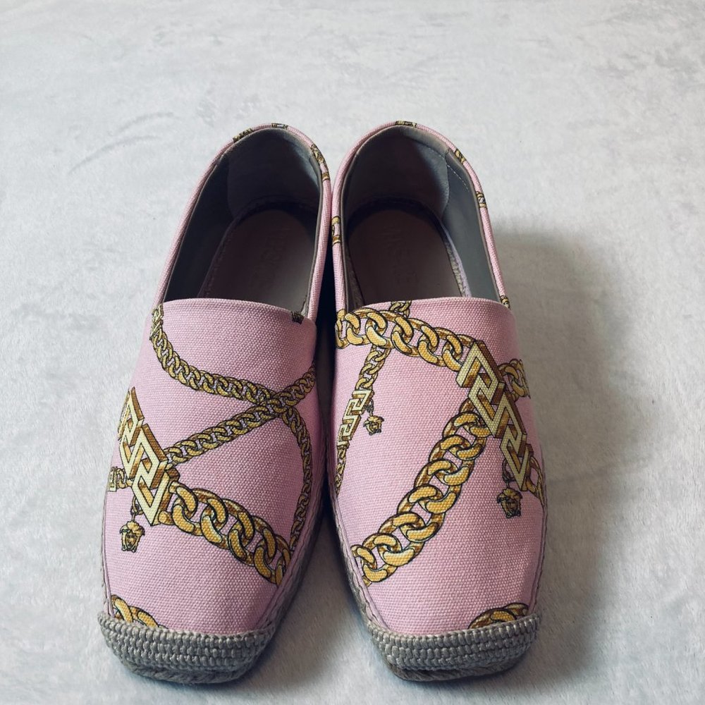 Versace Chain-Print Cotton Espadrille Loafers Pink Size 10B New In Box Authentic - Picture 12 of 13